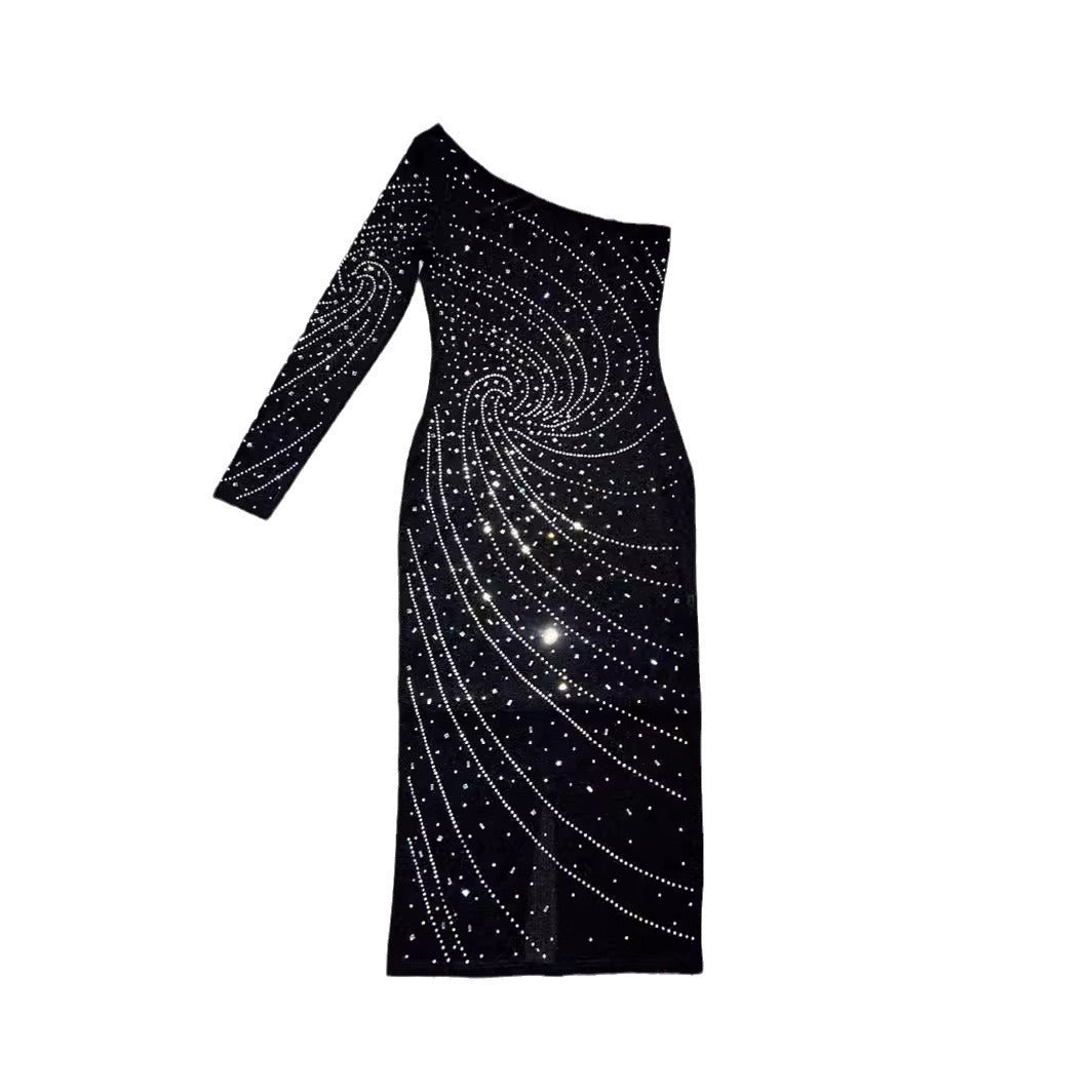 Hlasa One Shoulder Rhinestone Midi Dress