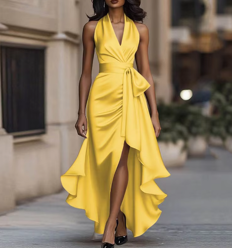 Midnight Elegance Satin Halter Ruffle Gown