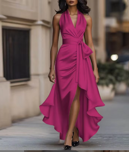 Midnight Elegance Satin Halter Ruffle Gown