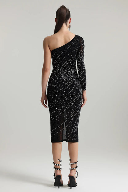 Hlasa One Shoulder Rhinestone Midi Dress