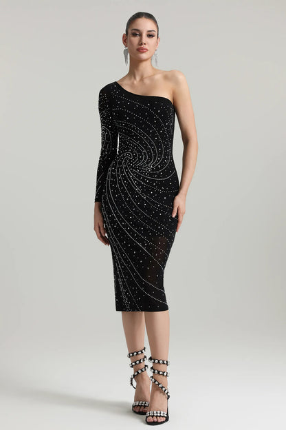 Hlasa One Shoulder Rhinestone Midi Dress