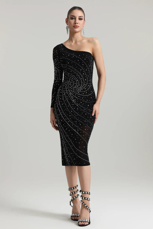 Hlasa One Shoulder Rhinestone Midi Dress