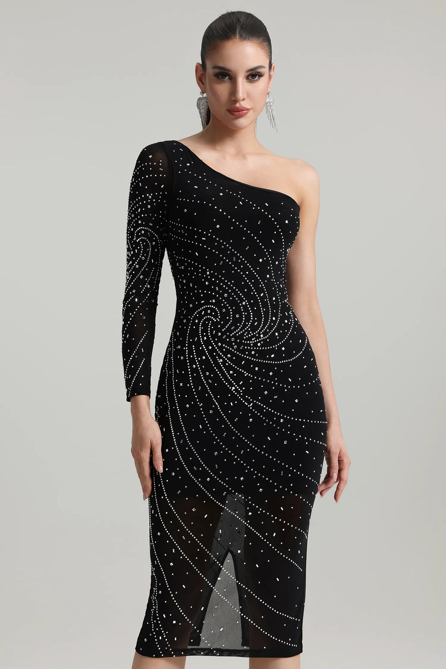 Hlasa One Shoulder Rhinestone Midi Dress
