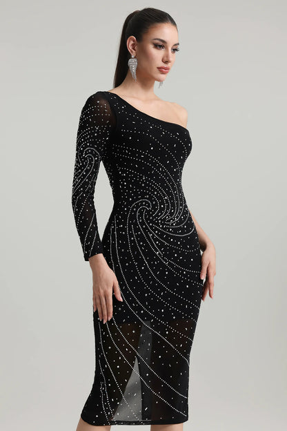 Hlasa One Shoulder Rhinestone Midi Dress