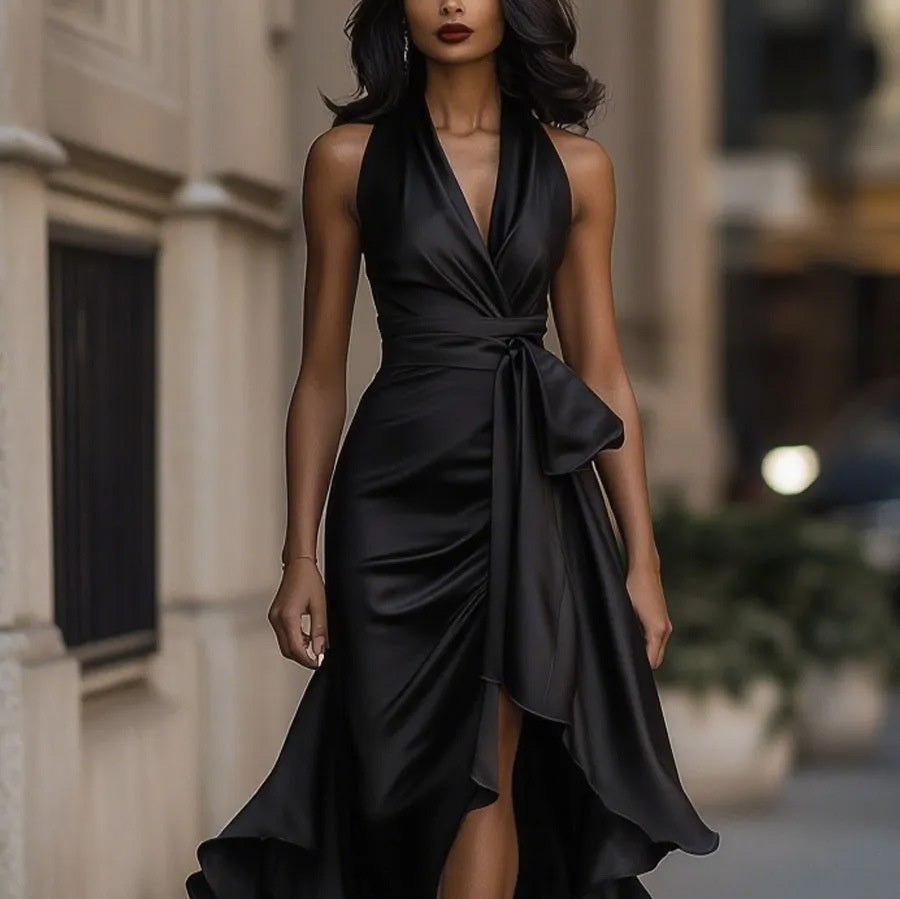 Midnight Elegance Satin Halter Ruffle Gown