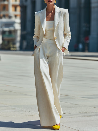 Mooyius Ivory Linen-Blend Suit Set With Wide-Leg Pants