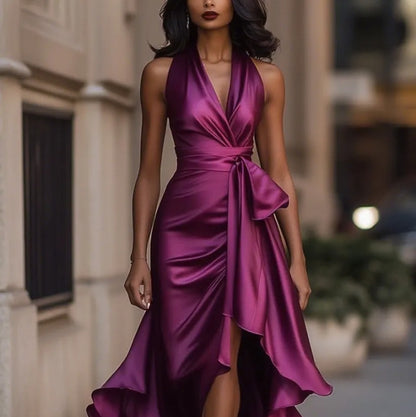 Midnight Elegance Satin Halter Ruffle Gown