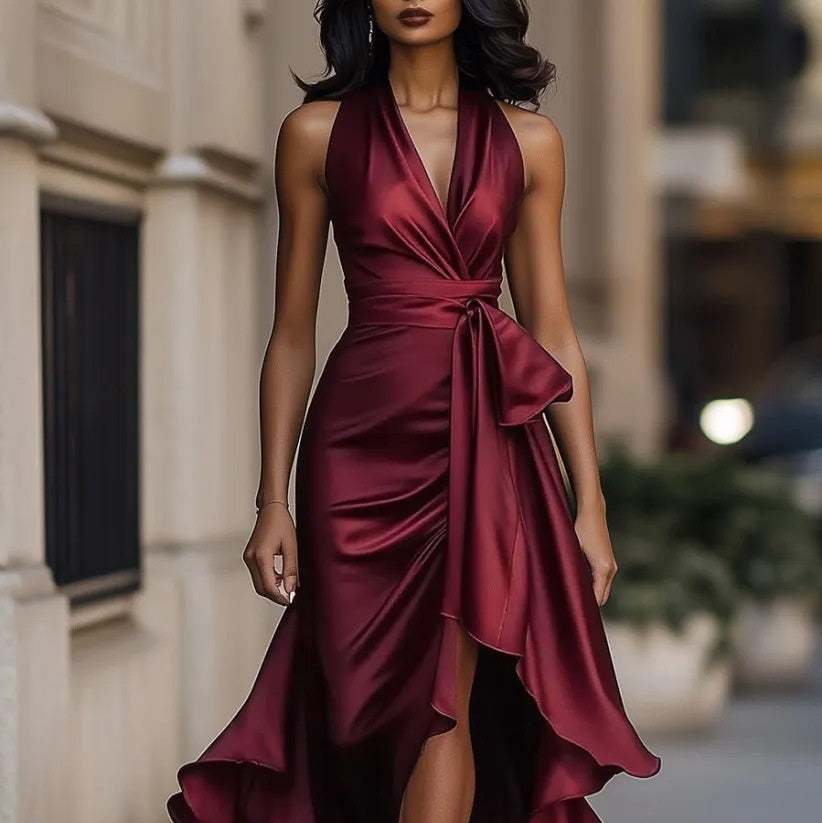 Midnight Elegance Satin Halter Ruffle Gown