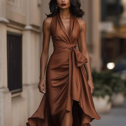 Midnight Elegance Satin Halter Ruffle Gown