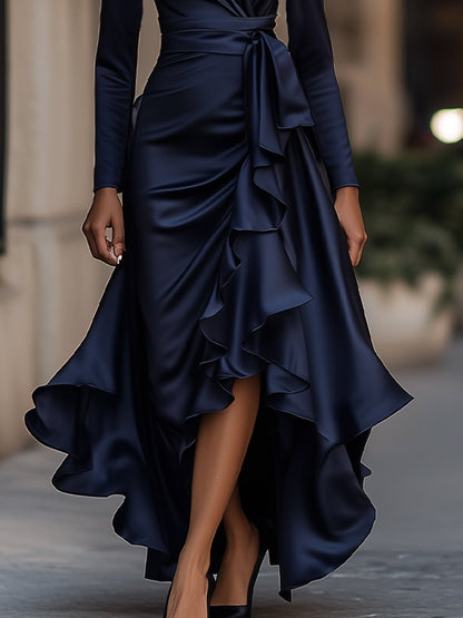 Midnight Blue Draped Satin Maxi Dress With Ruffle Details