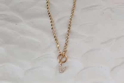 Pave Initial Pendant 3mm Disc Toggle Bar Necklace