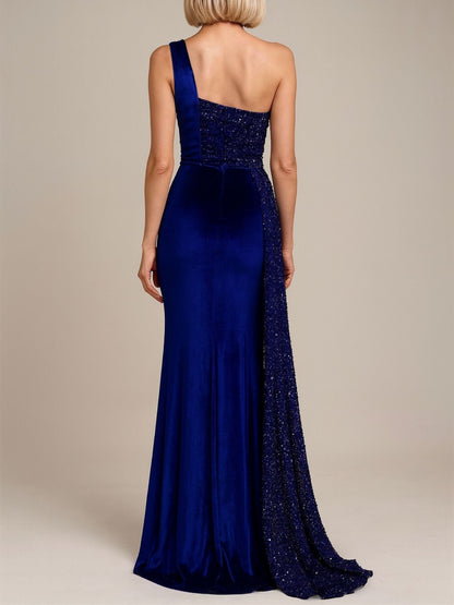 Kerla One Shoulder Sleeveless High Slit Velvet Sequin Maxi Dress