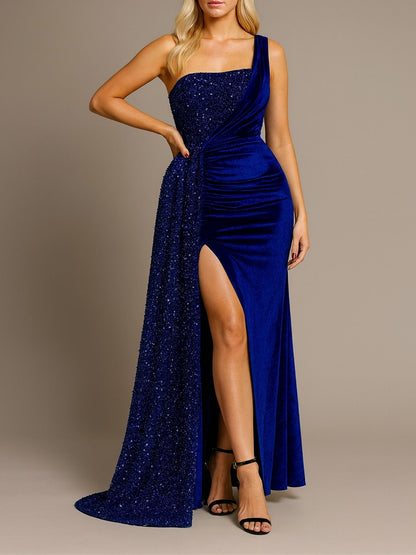 Kerla One Shoulder Sleeveless High Slit Velvet Sequin Maxi Dress