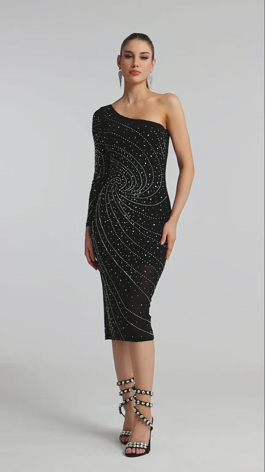 Hlasa One Shoulder Rhinestone Midi Dress