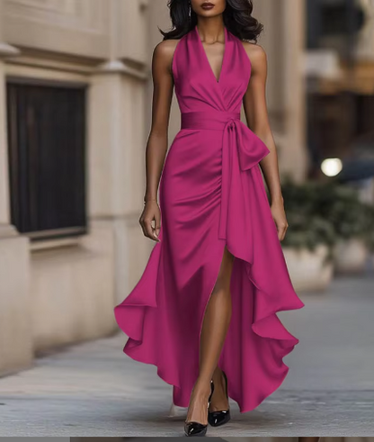 Midnight Elegance Satin Halter Ruffle Gown
